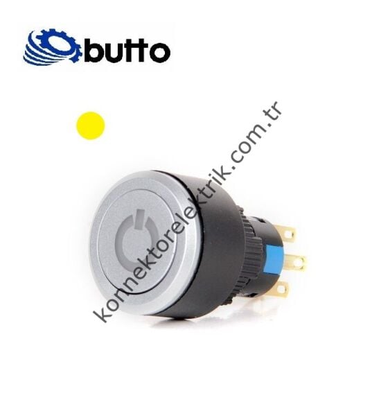 BUTTO K16-G-372-P-YA2 Yuvarlak Plastik Gövde 16-22mm Sarı Power Logo Kalıcı Buton 220V AC