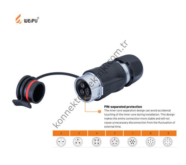 WEIPU WK20K7ZE1 7 Pin IP67 Plastik Kasa Karşıt Kablo Tipi Dişi Su Geçirmez Konnektör