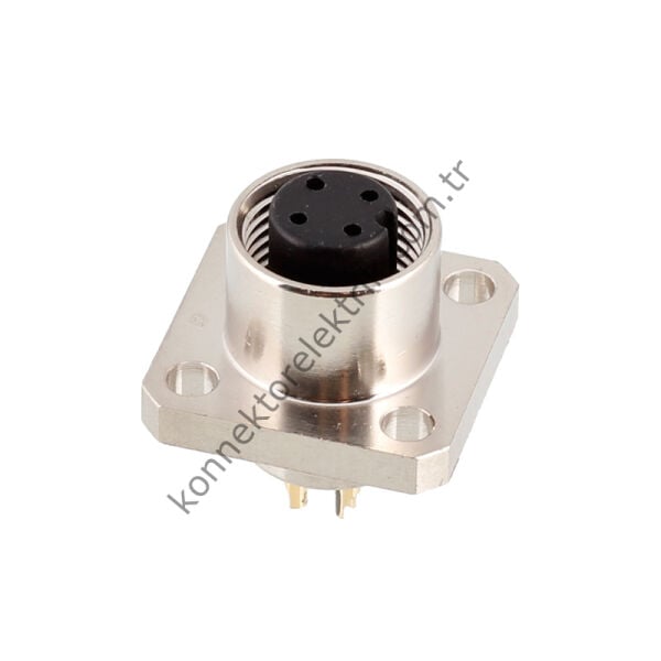RENHOTEC M12 4 Pin Kare Flanş Metal Kasa Panel Tipi Dişi Endüstriyel Konnektör