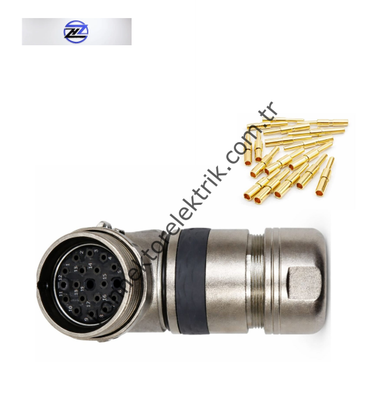 HZ CONNECTORS M23 19 Pin Metal Kasa 90° Açılı Karşıt Kablo Tipi Erkek Endüstriyel Konnektör