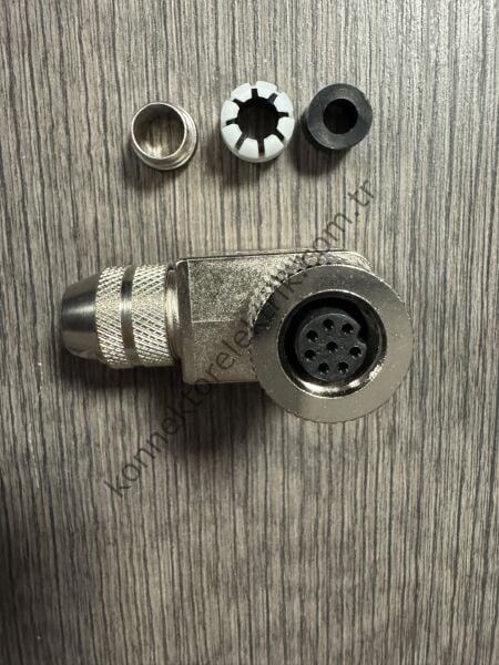 RENHOTEC M12 8 Pin Metal Kasa 90° Açılı Kablo Tipi Dişi Endüstriyel Konnektör