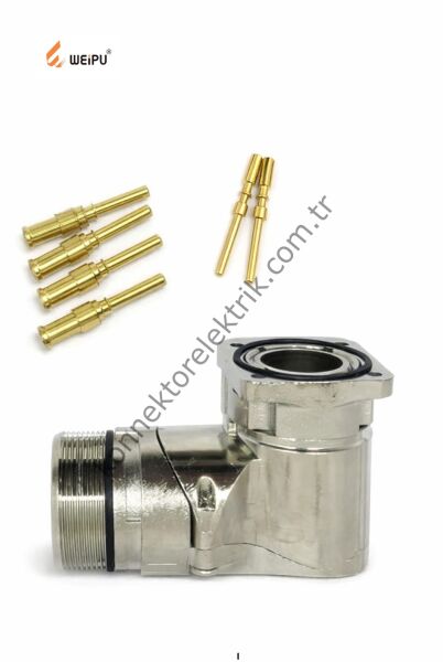 HZ CONNECTORS M40 6 Pin (4+2) Metal Kasa 90° Açılı Panel Tipi Erkek Endüstriyel Konnektör