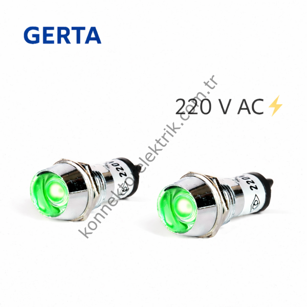 GERTA AD22C-14T-220-G Yeşil 14mm Metal Gövde LED Sinyal 220V AC