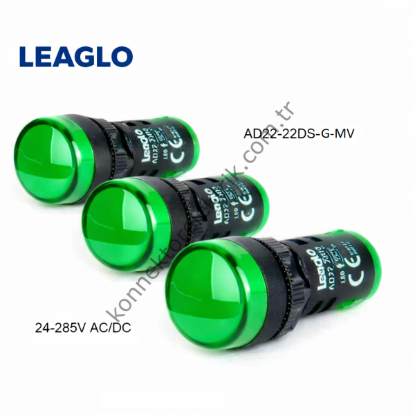 LEAGLO AD22-22DS-G-MV Yeşil Plastik Gövde LED Sinyal Lambası 24-220V AC/DC