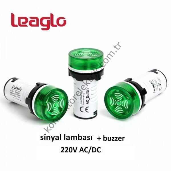 LEAGLO AD22-22SM-31G LED Sinyalli Yeşil Işıklı Buzzer 22mm 220V AC/DC
