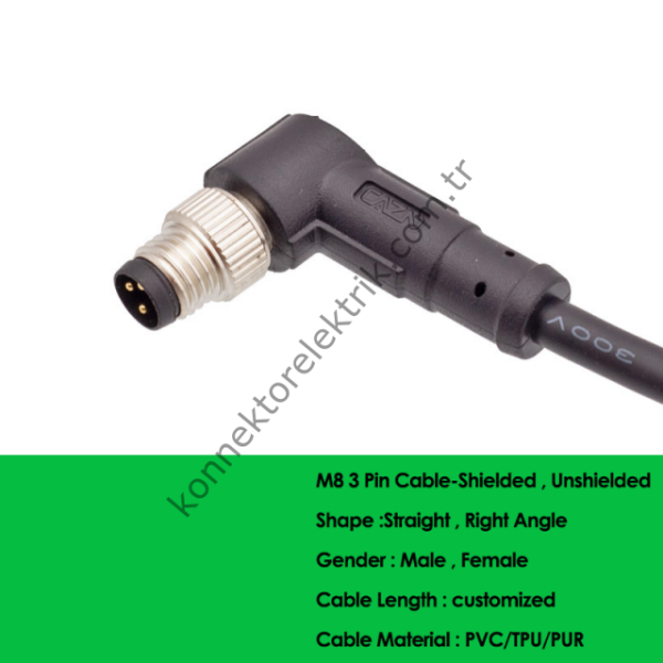SOLJEX M8 90° Açılı 2mt. Kablolu 3 Pin Erkek Konnektör