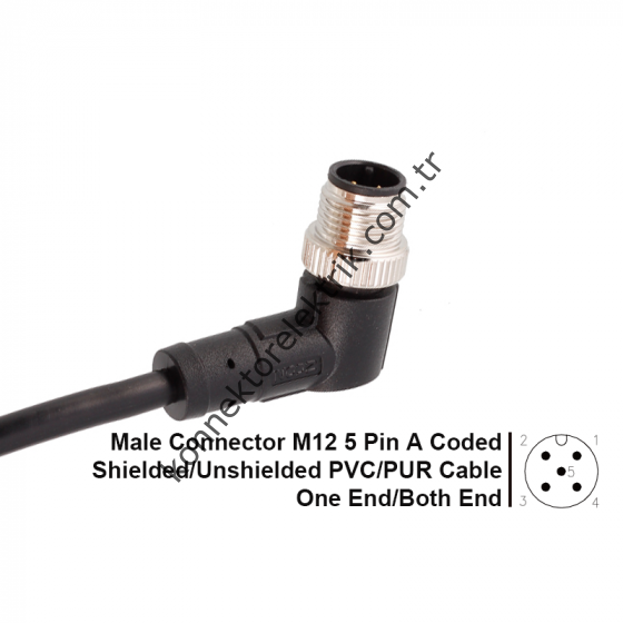 SOLJEX M12 90° Açılı 5mt Kablolu 5 Pin Erkek Konnektör