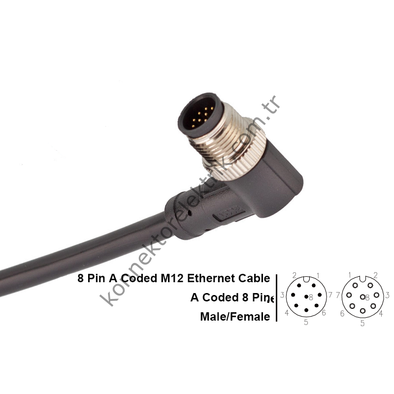 SOLJEX M12 90° Açılı 3mt. Kablolu 8 Pin Erkek Konnektör