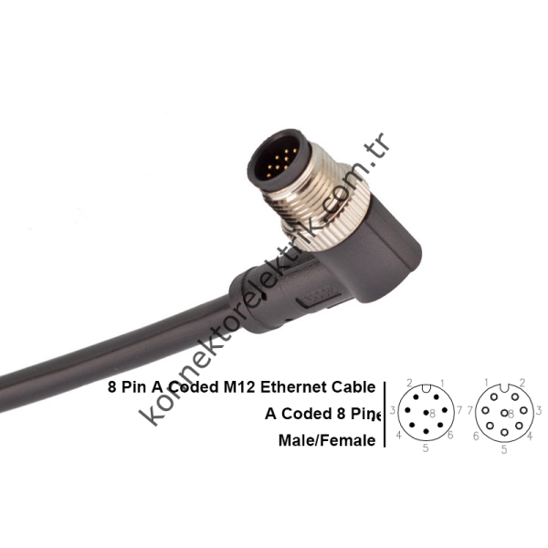 SOLJEX M12 90° Açılı 5mt. Kablolu 8 Pin Erkek Konnektör