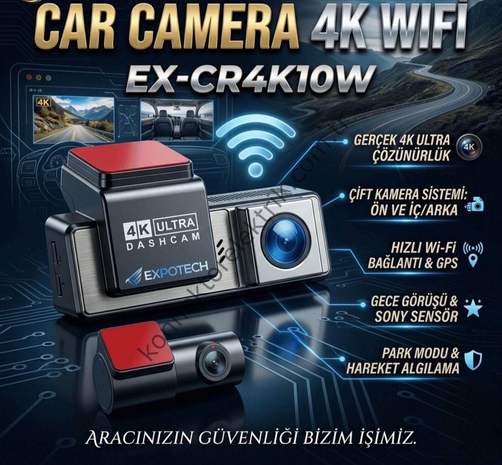 EXPOTECH EX-CR4K10W 4K WiFi Araç Kamerası - GPS Destekli Çift Kameralı Dash Cam