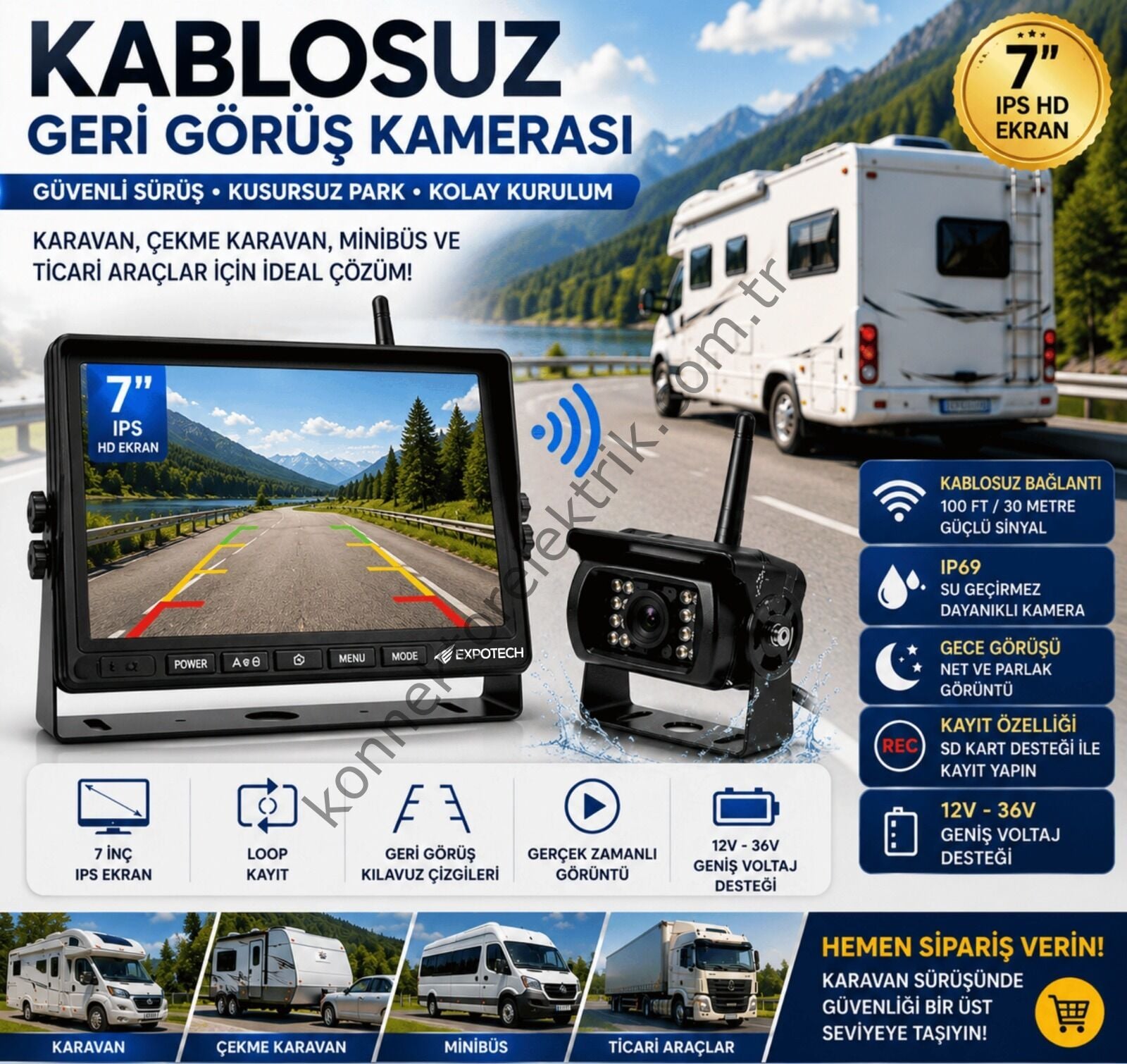 EXPOTECH  7 İnç Kablosuz Geri Görüş Kamerası | Karavan ve Ticari Araçlar İçin