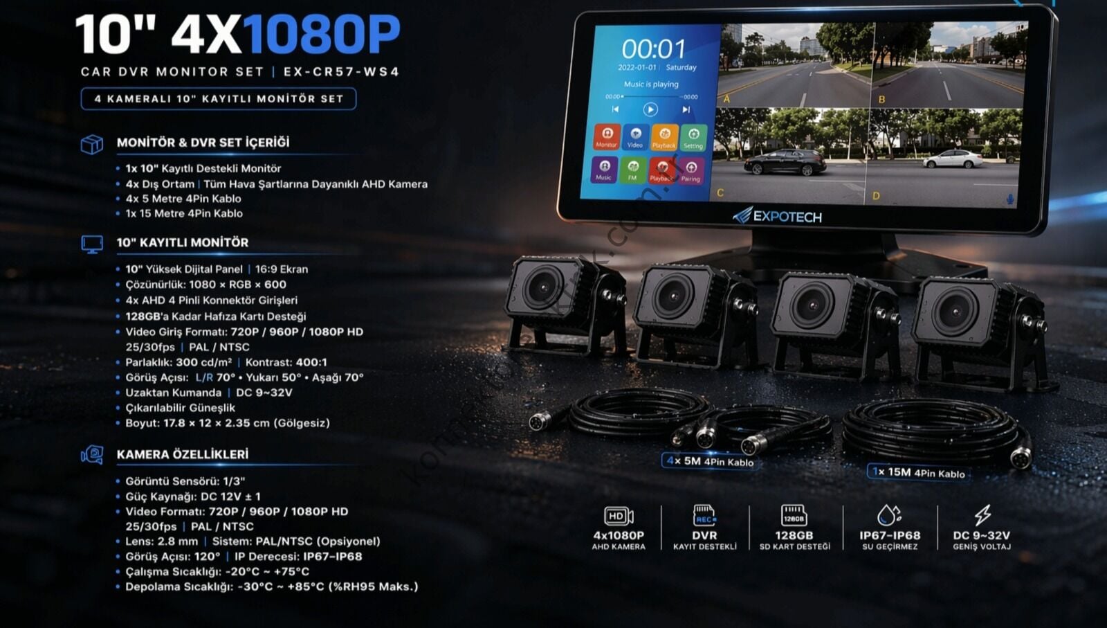 EXPOTECH EX-CR57-WS4 10 İnç 4x1080P 4 Kameralı DVR Monitör Seti