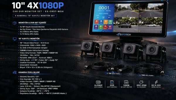 EXPOTECH EX-CR57-WS4 10 İnç 4x1080P 4 Kameralı DVR Monitör Seti