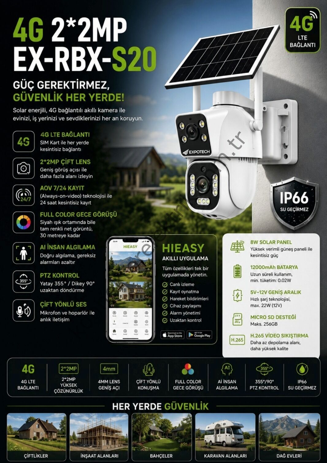 EXPOTECH EX-RBX-S20 4G Solar Güvenlik Kamerası | Çift Lensli 2x2MP PTZ IP Kamera