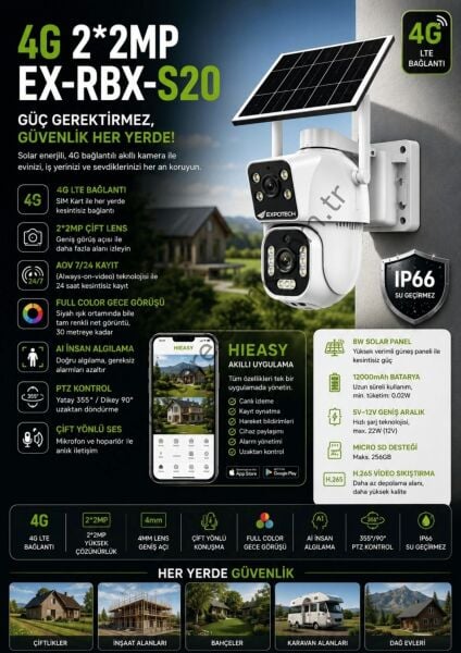 EXPOTECH EX-RBX-S20 4G Solar Güvenlik Kamerası | Çift Lensli 2x2MP PTZ IP Kamera